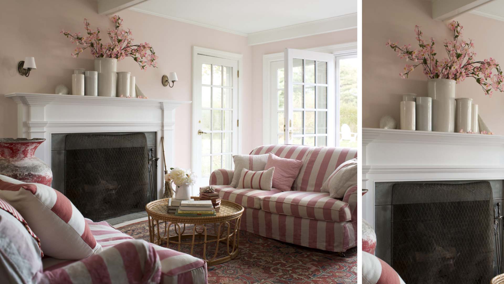 A room with pale pink walls and a stripy pink and white sofa