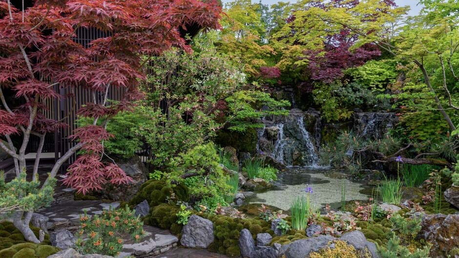 A gentle, cascading waterfall trickles down into a serene, crystal-clear lake teeming with vibrant aquatic plants. The tranquil setting is surrounded by lush, multi-tiered vegetation, meandering pathways, and borders adorned with an assortment of rocks and colorful, towering trees.