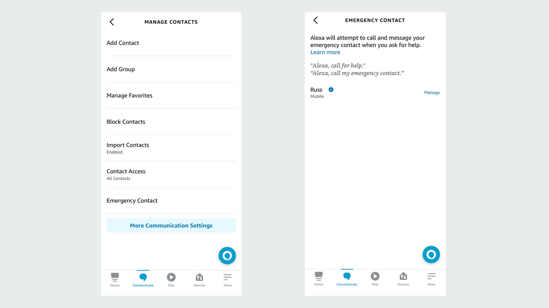 Screenshots depicting how to set up an emergency contact in the Alexa app