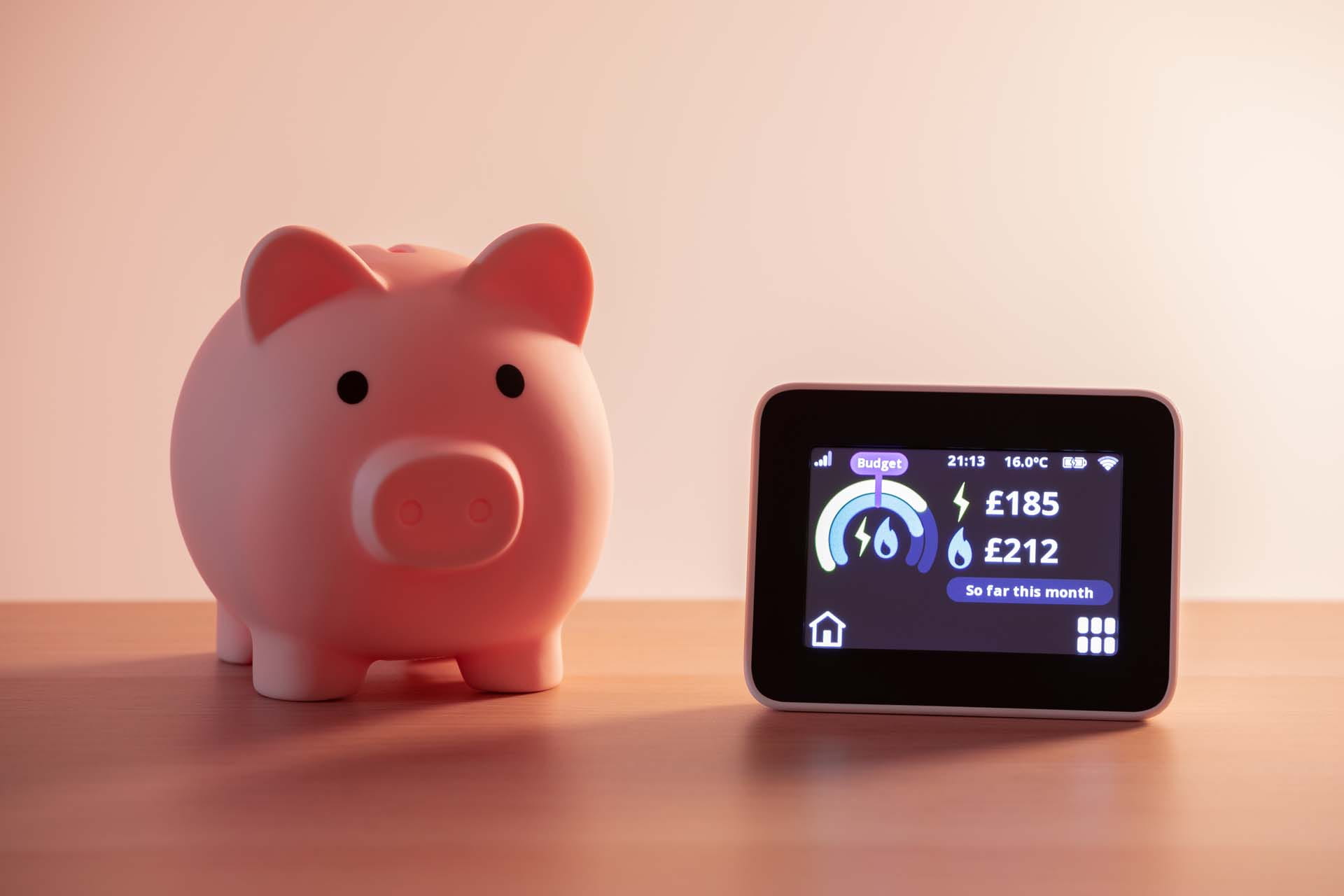 piggy bank next to a smart meter