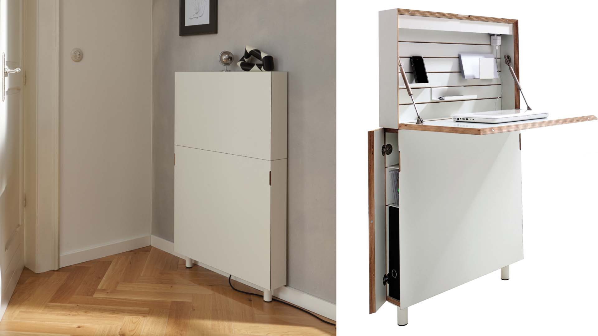 A folding wall-mounted desk