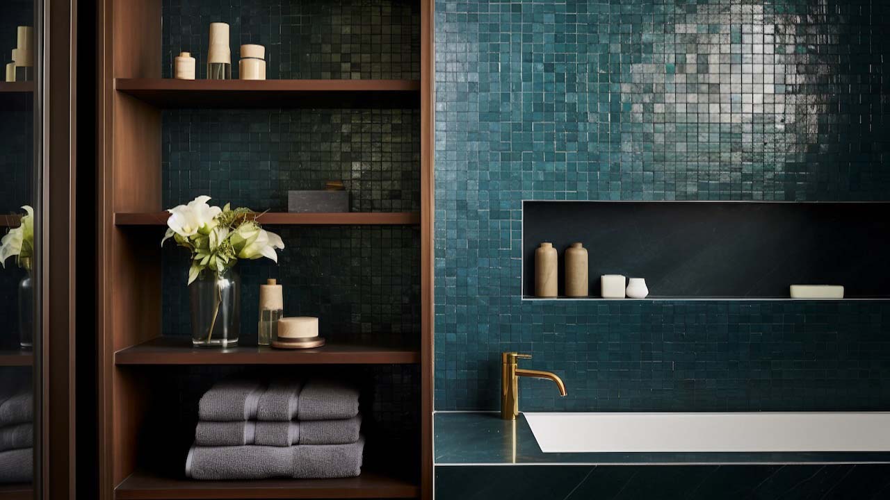 A stylish bathroom wall with blue tiles and wooden built-in shelves behind a large sink and gold tap
