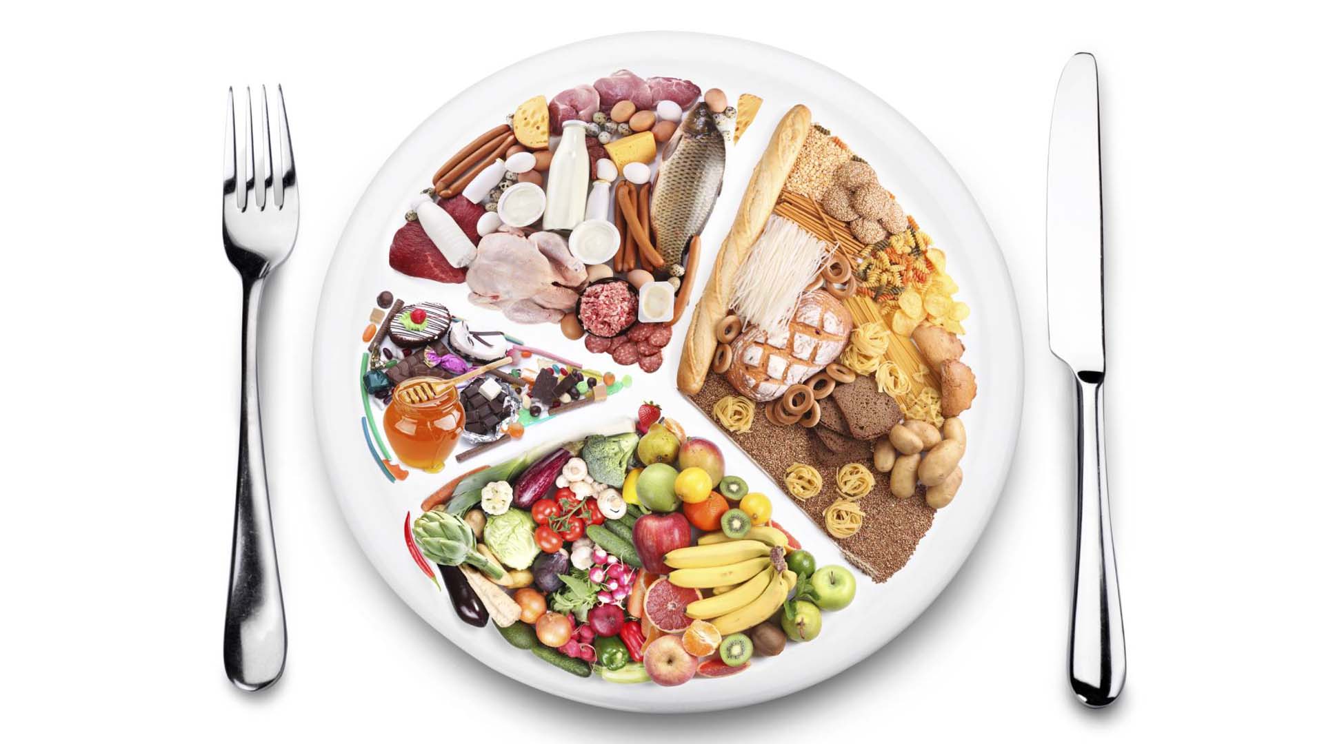A conceptual image of a plate featuring segments of food from different food groups
