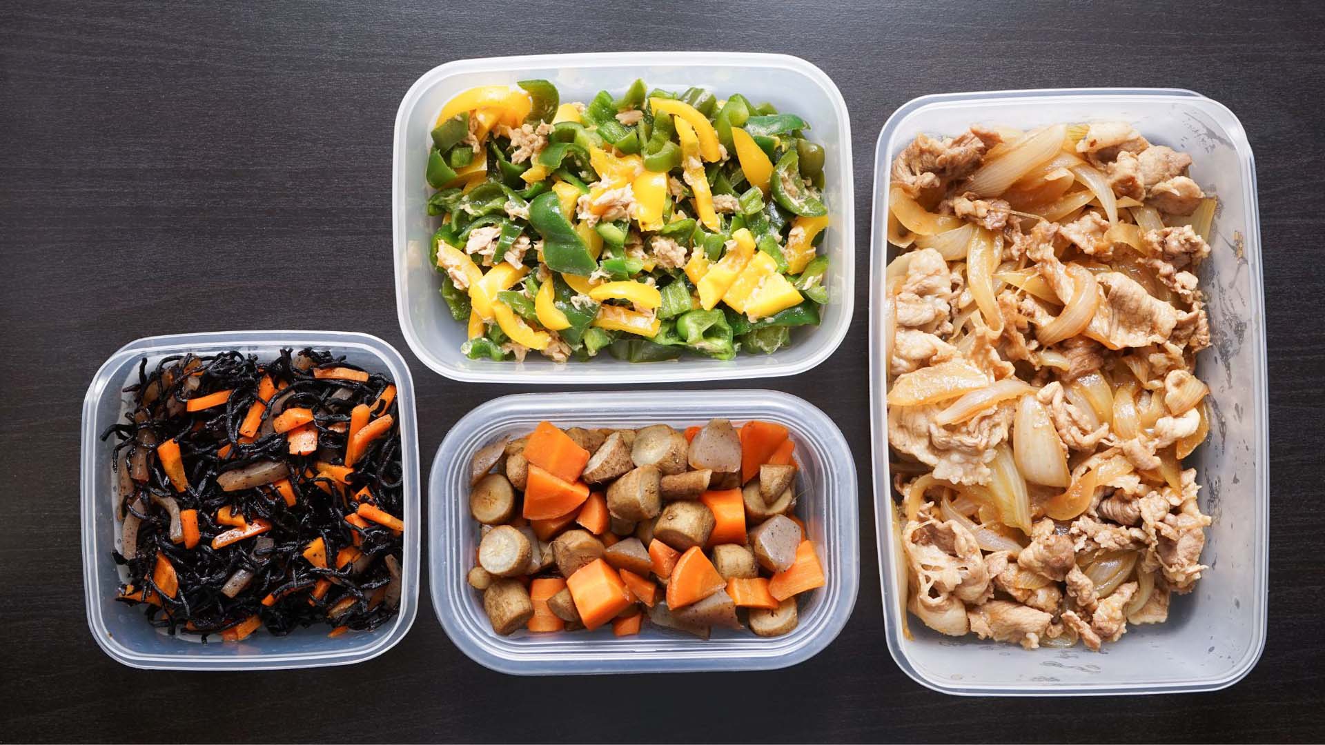 four lots of batch cooking including chicken and veggies