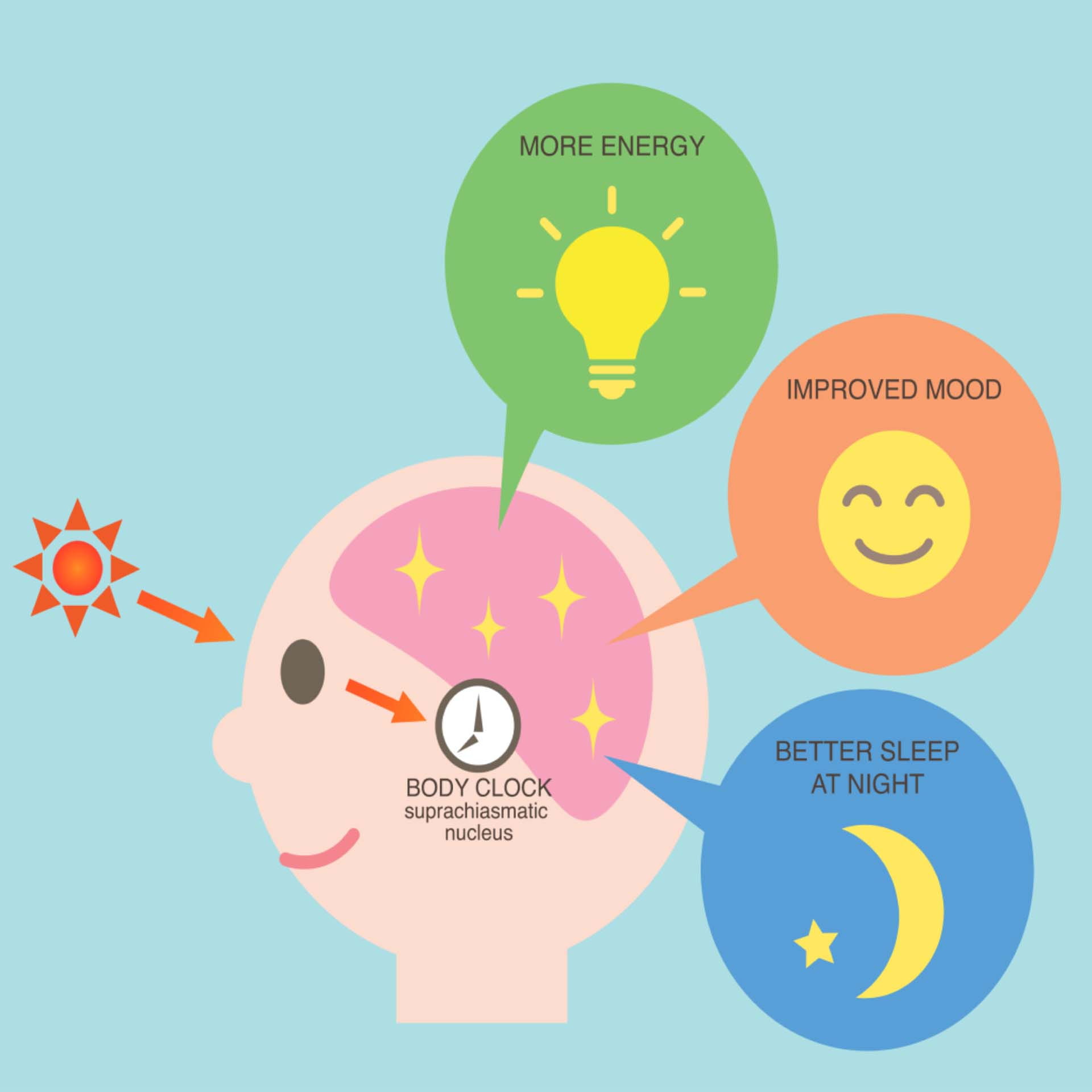 An illustrated cartoon depicting the health benefits of natural light