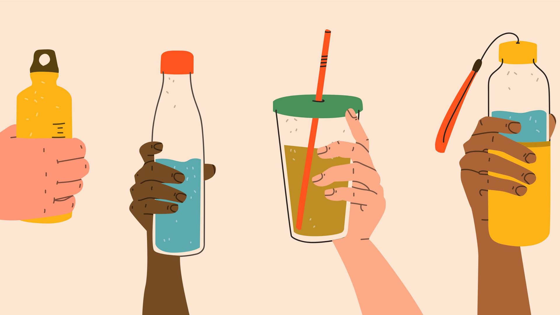 An illustration of various drinks in various cups and bottles