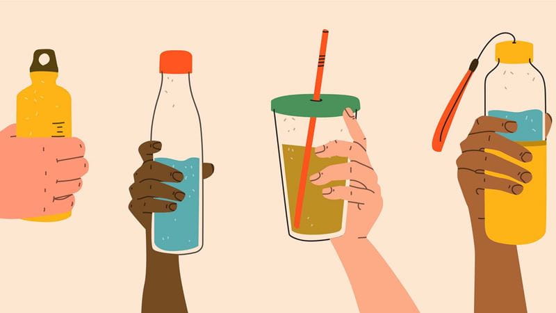 An illustration of various drinks in various cups and bottles