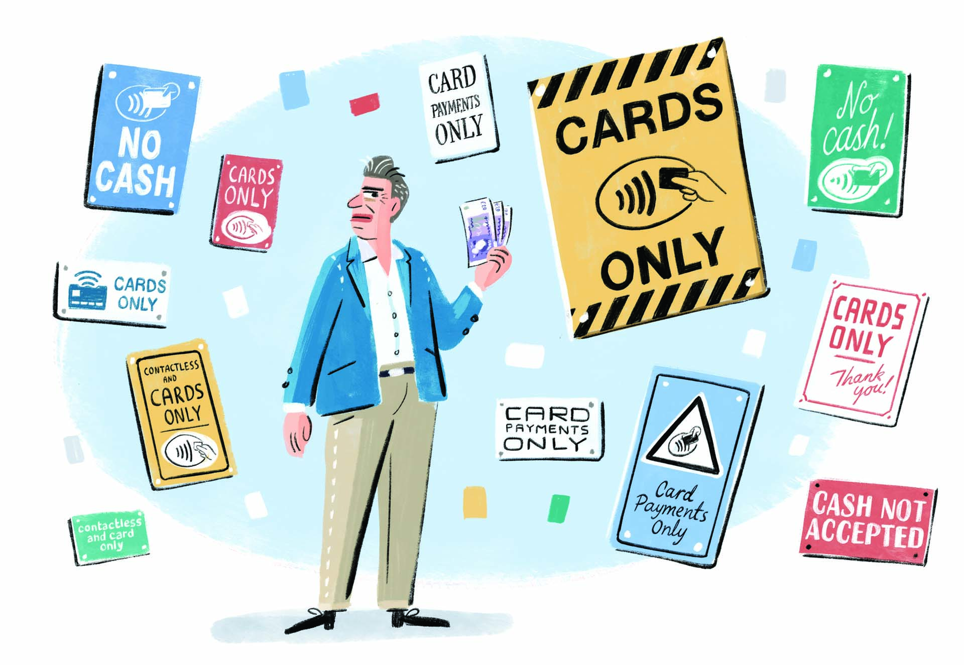 Cartoon graphic of man with money options