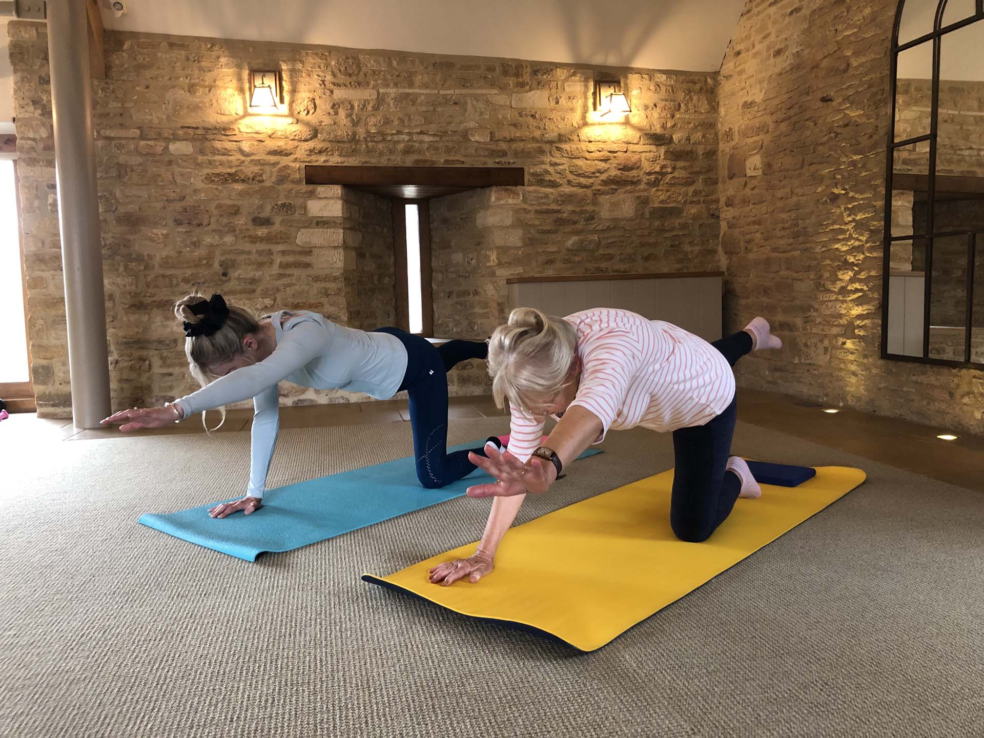 Two women doing a four point kneeling Pilates pose in a studio