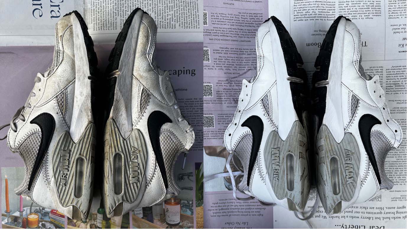 A pair of trainers before and after they have been cleaned