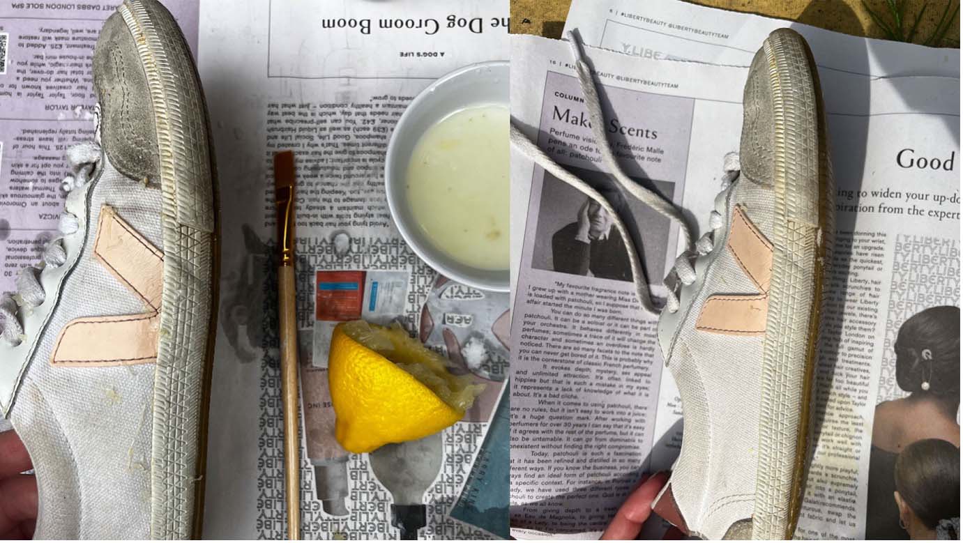 A white trainer before and after being cleaned using lemon juice and sunlight