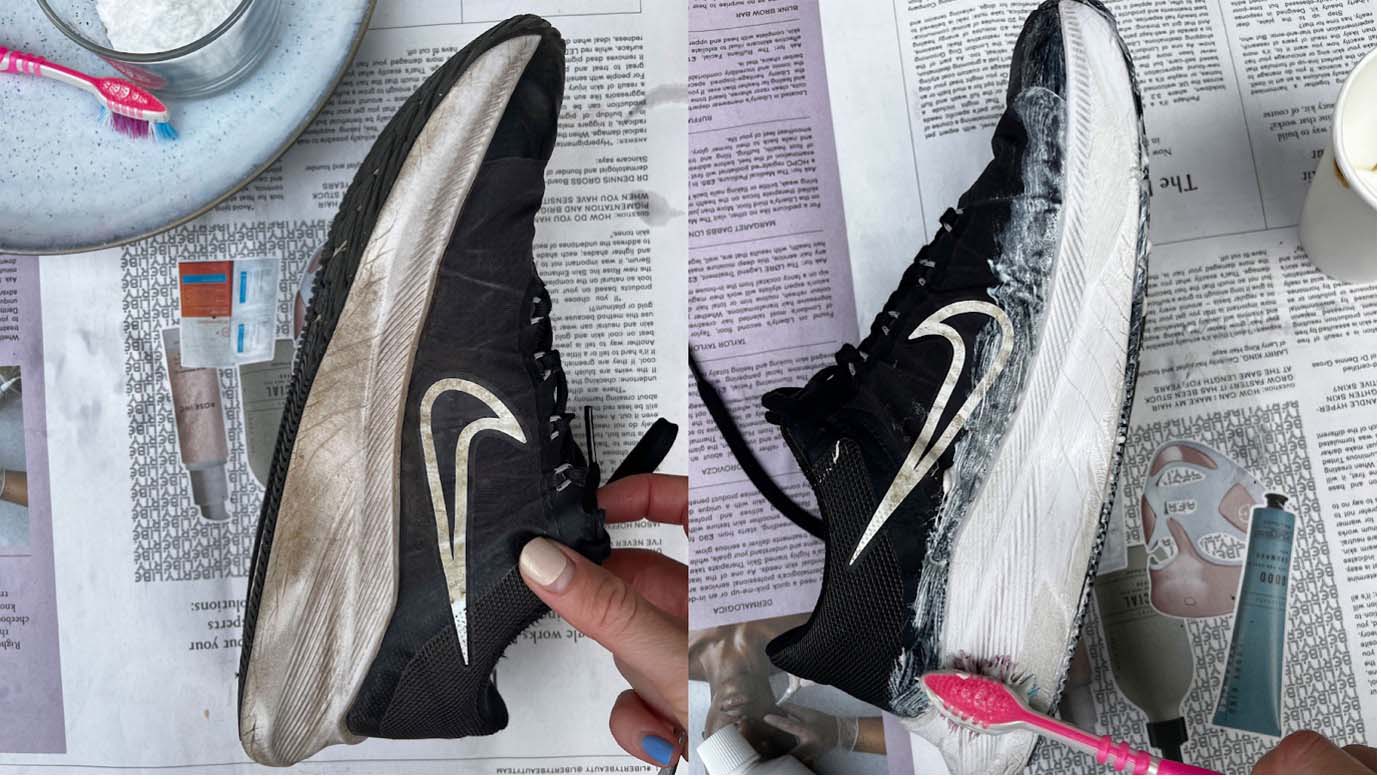 A black trainer with white sole before and after the sole is cleaned using toothpaste