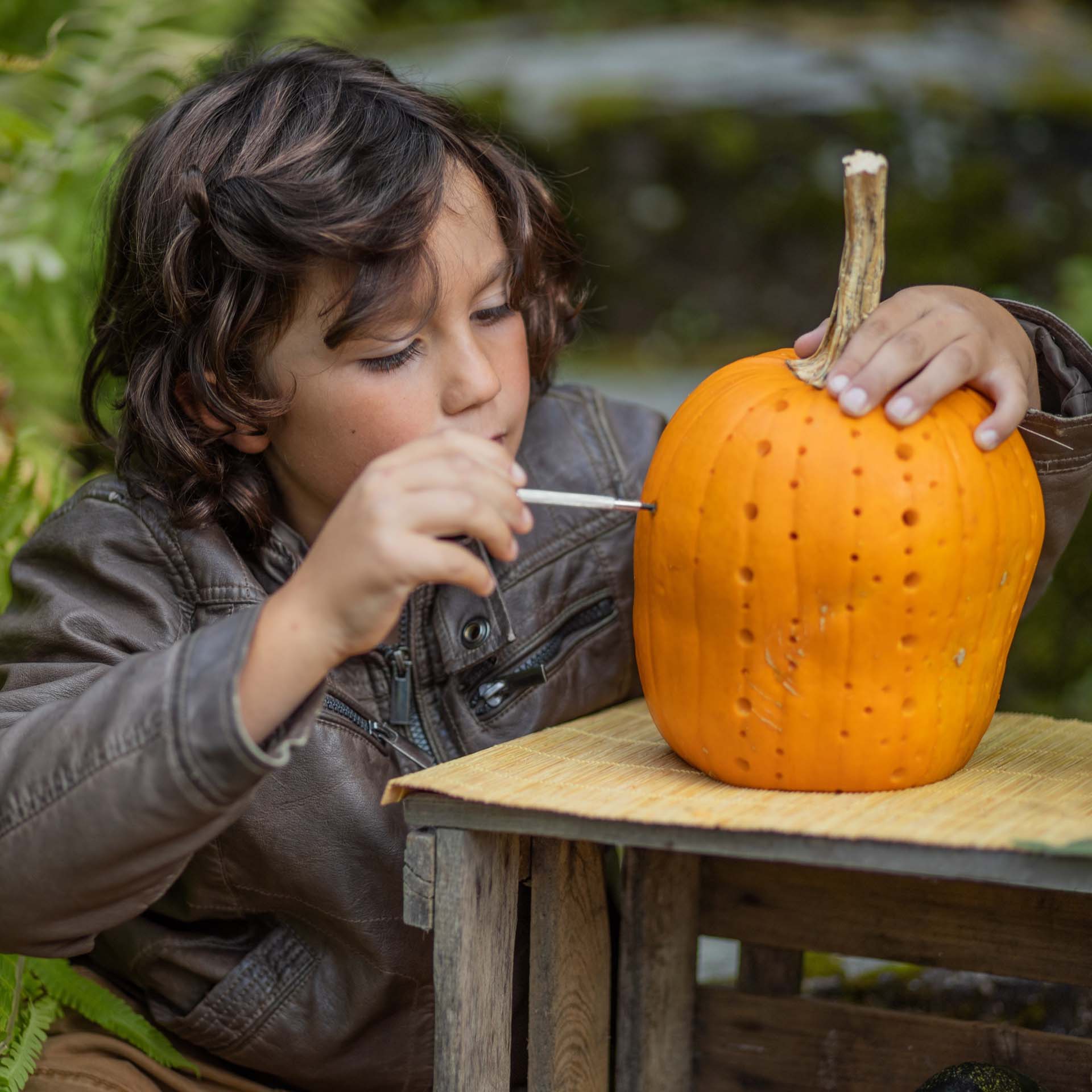 Young boy making decorative holes in pumpkin with screwdriver