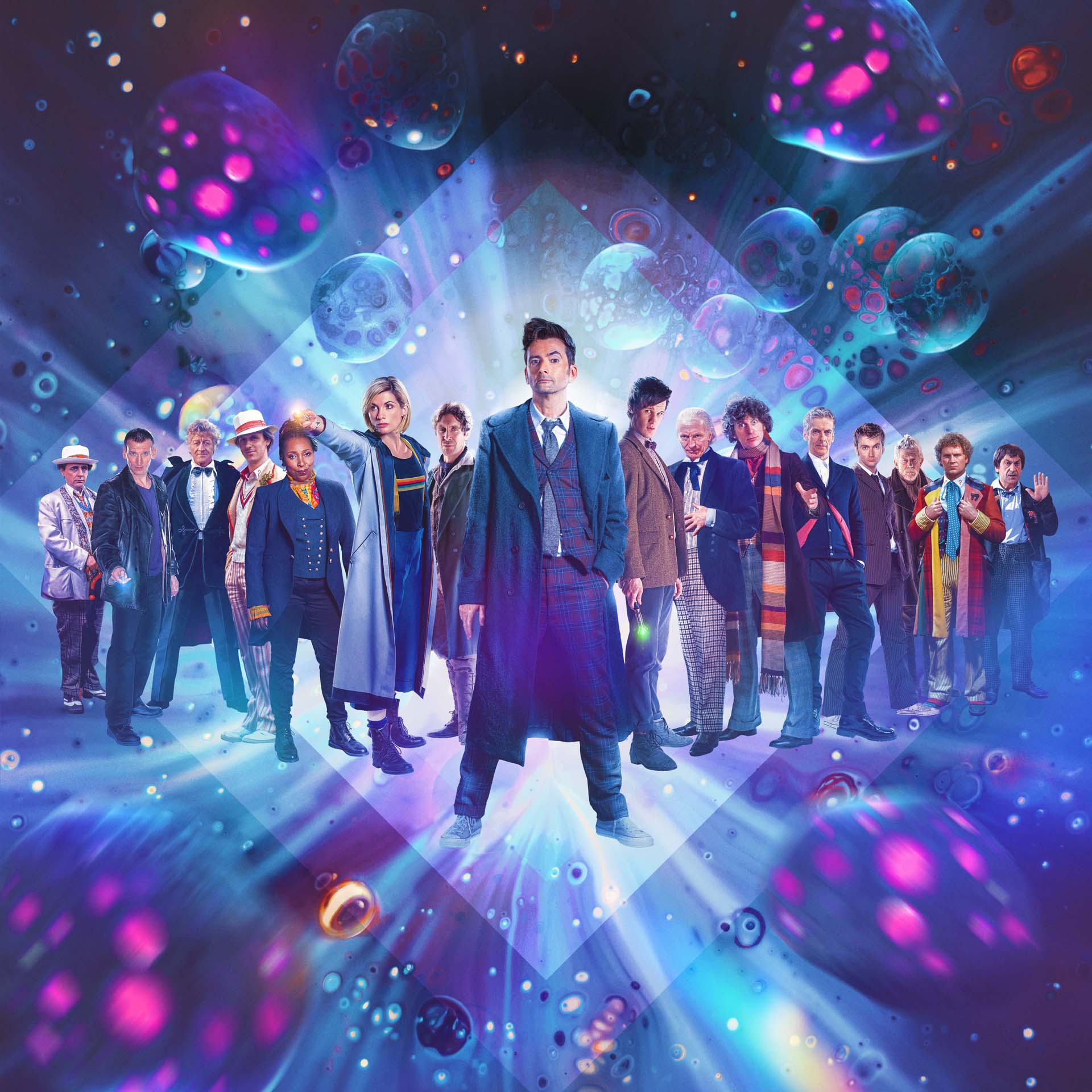 A lineup of the previous Doctors with a blue and pink fantastical background