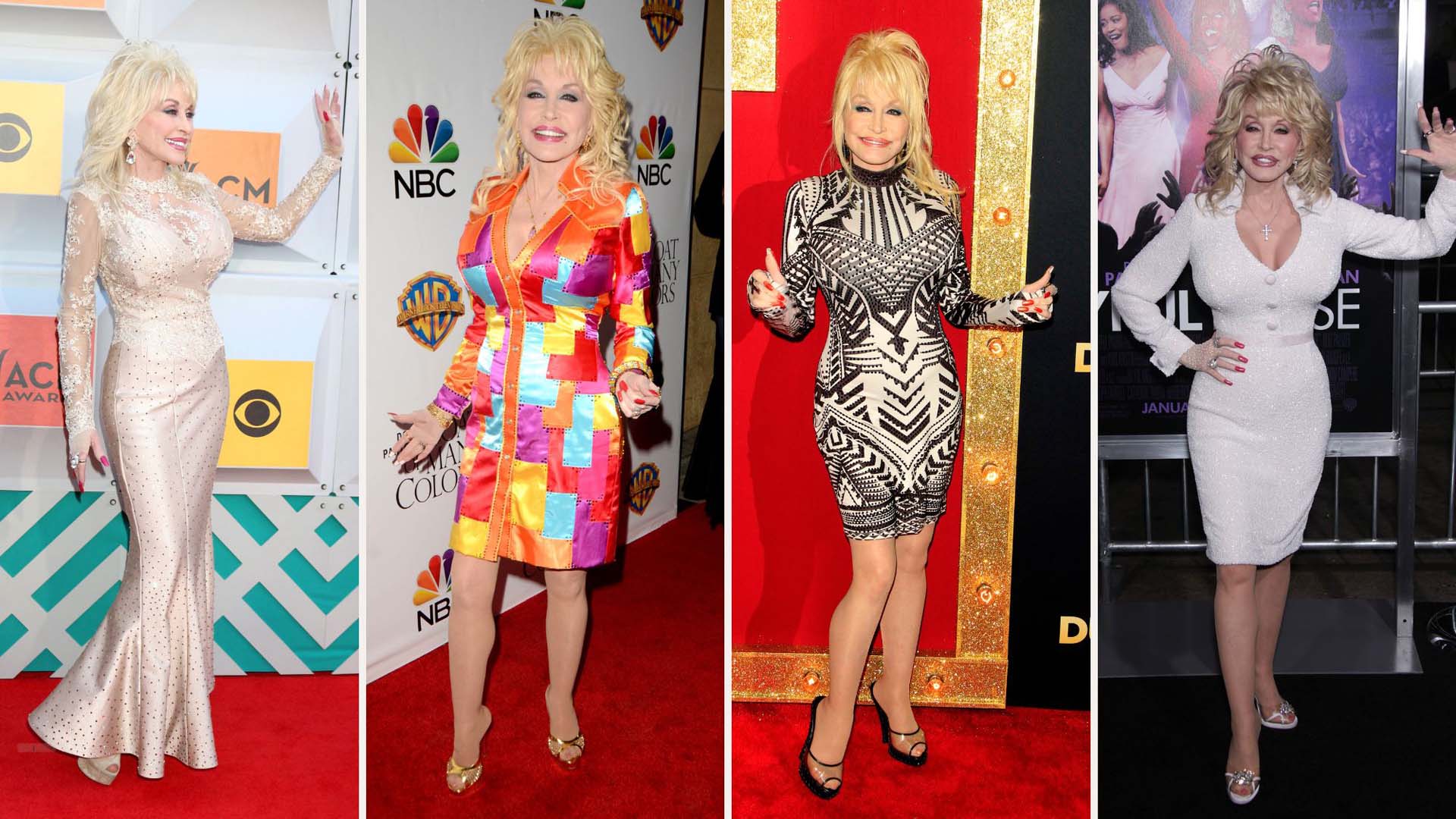 Dolly Parton wearing different dresses on the red carpet