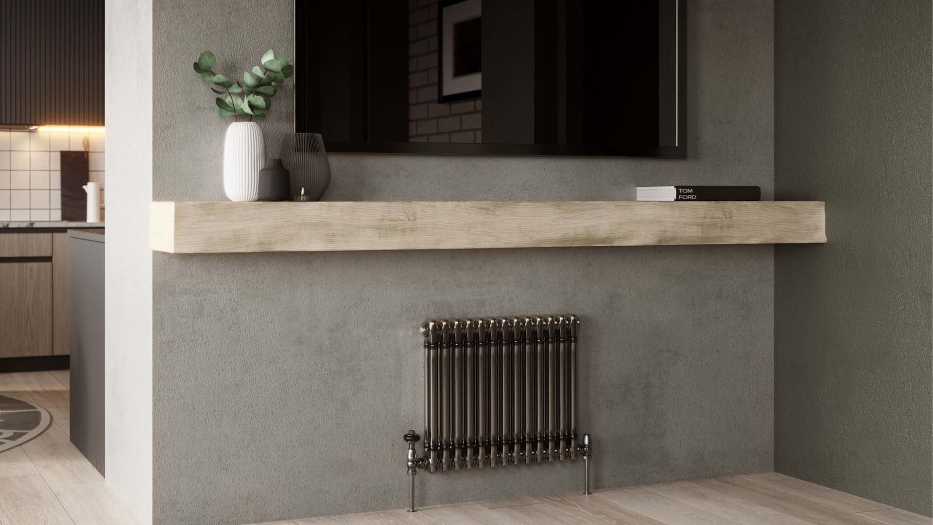 radiator with a shelf above and a big TV