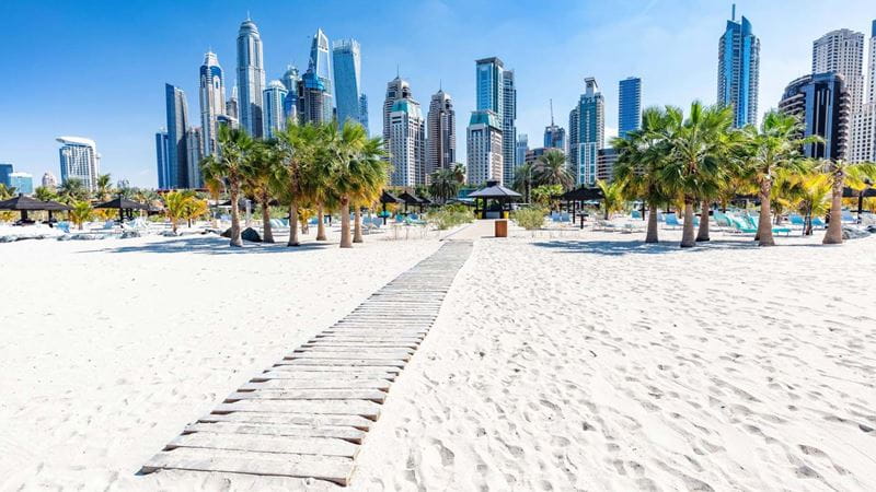 A beach in Dubai with skyscrapers in the background