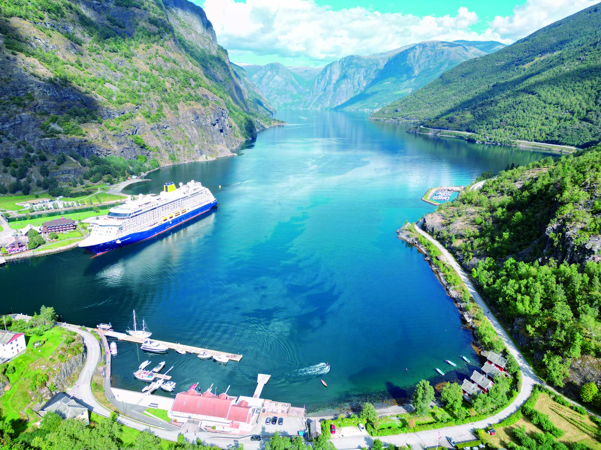 Spirit of Discovery cruise ship moored in a Norweigian fjord