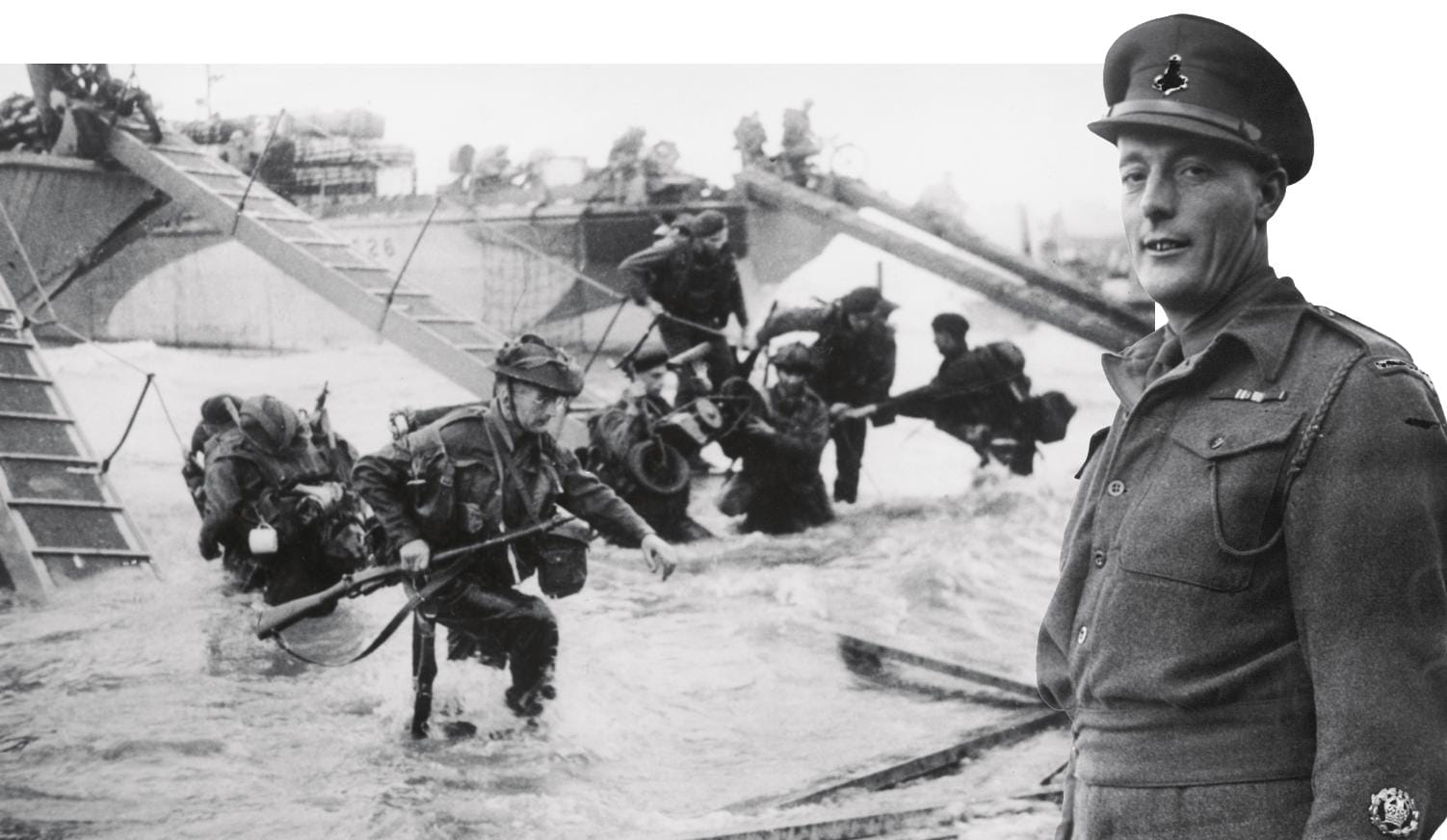 A captain watching soldiers disembark from one of the D-Day landing craft