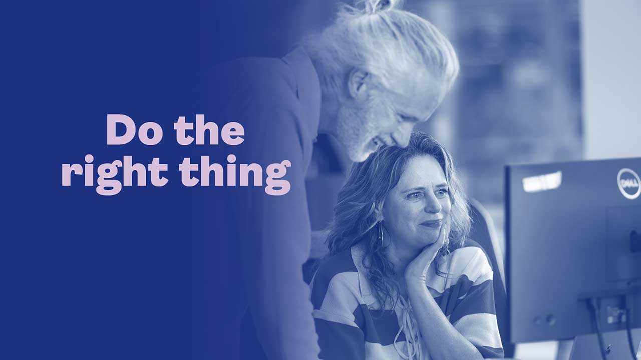 dark blue background with standing man and seated woman looking at computer monitor. Text reads: do the right thing