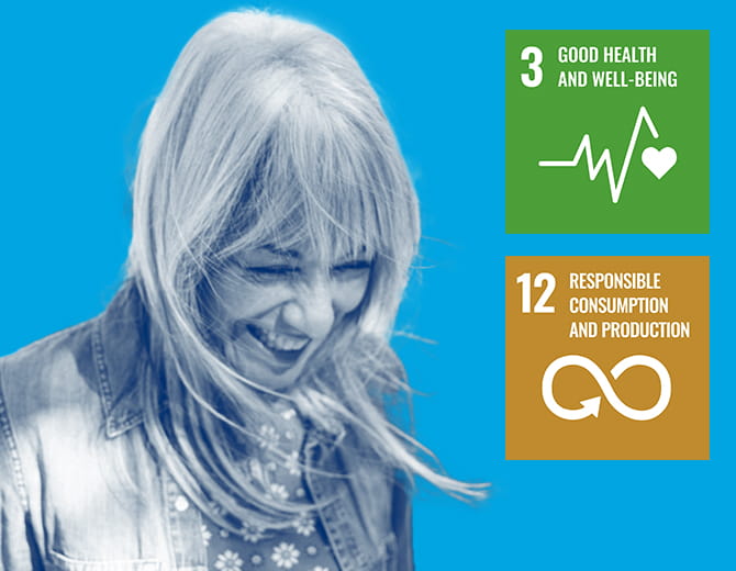 Headshot of a person on a blue background with text that reads: '3 good health and wellbeing' & '12 responsible consumption and production'