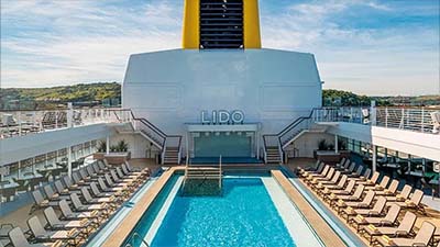 Lido with sun loungers on a cruise ship deck