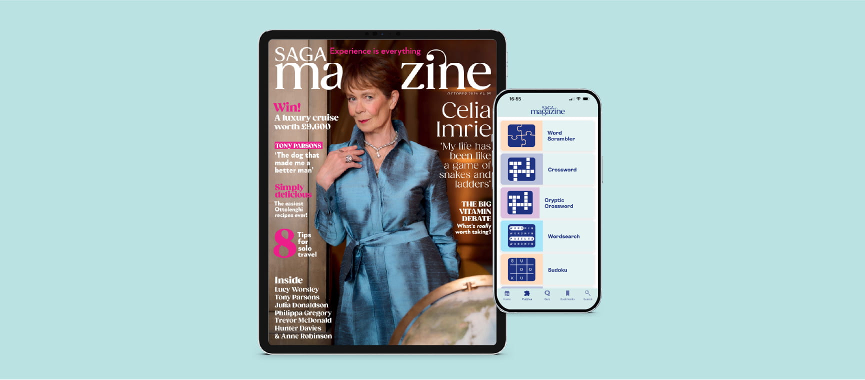 Tablet displaying a magazine cover beside a smartphone showing the magazine’s mobile content on a light blue background.