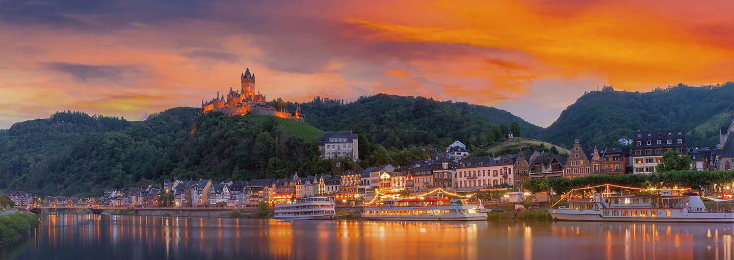 Coastal town with colourful sunset