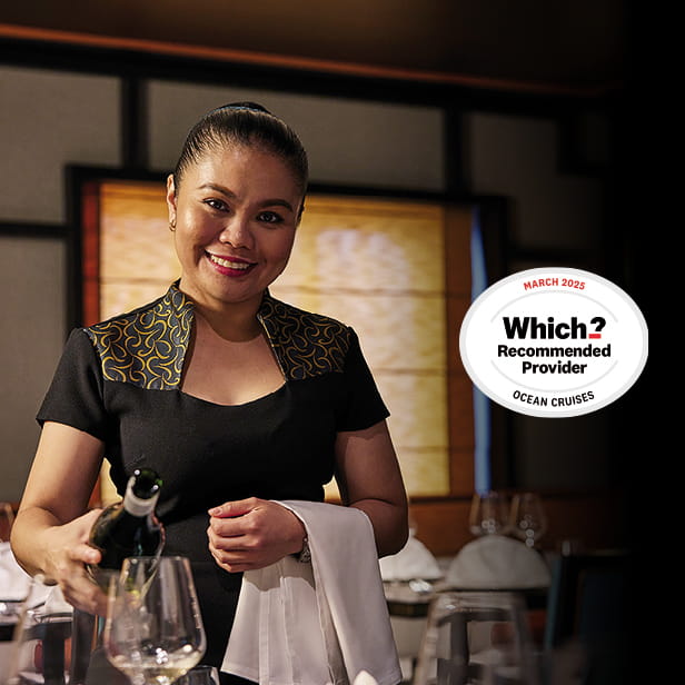 A smiling person pouring a drink into glasses. Text reads Which? Recommended Provider Ocean Cruises March 2025