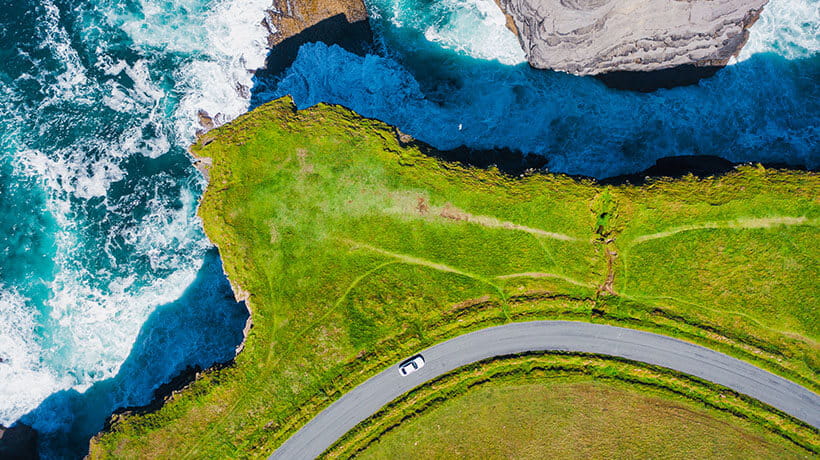 Aerial view of a car on the Wild Atlantic Way