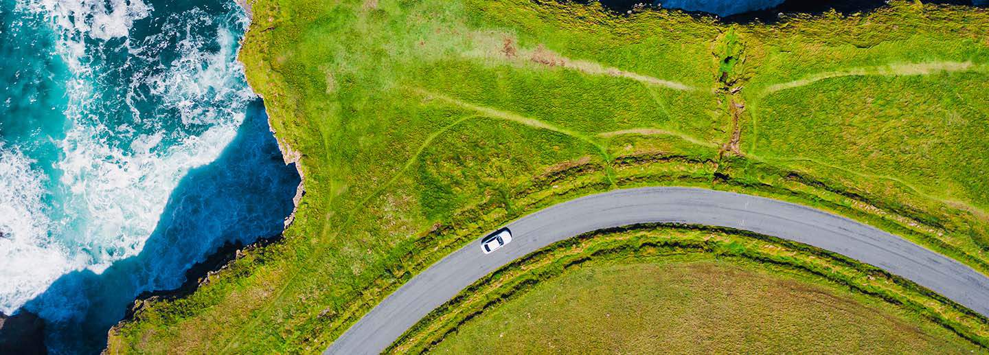 Aerial view of a car on the Wild Atlantic Way