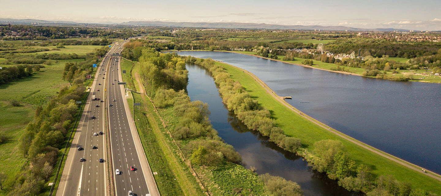 An Aerial view of a Motorway M74 facing north