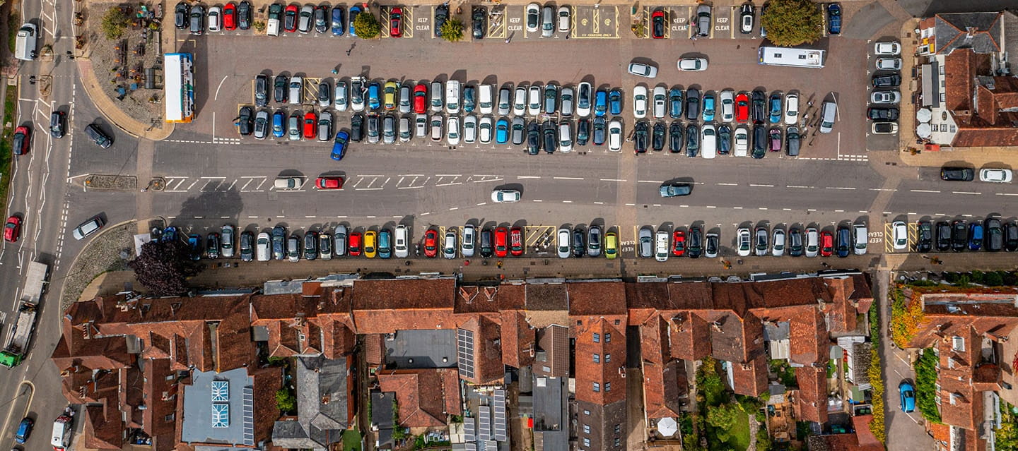 Aerial photo from a drone of an English village square in Wickham, Hampshire, UK.