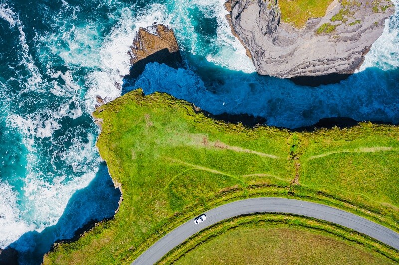 Aerial view of a car on the Wild Atlantic Way 