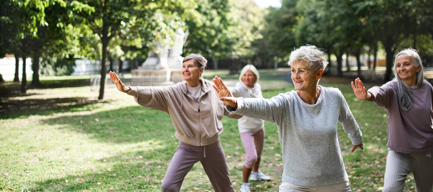 Group of senior friends doing tai chi exercise outdoors in park.