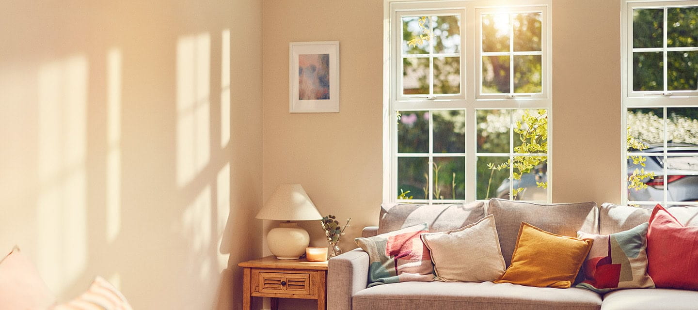 Interior of a modern lounge room on a sunny day.