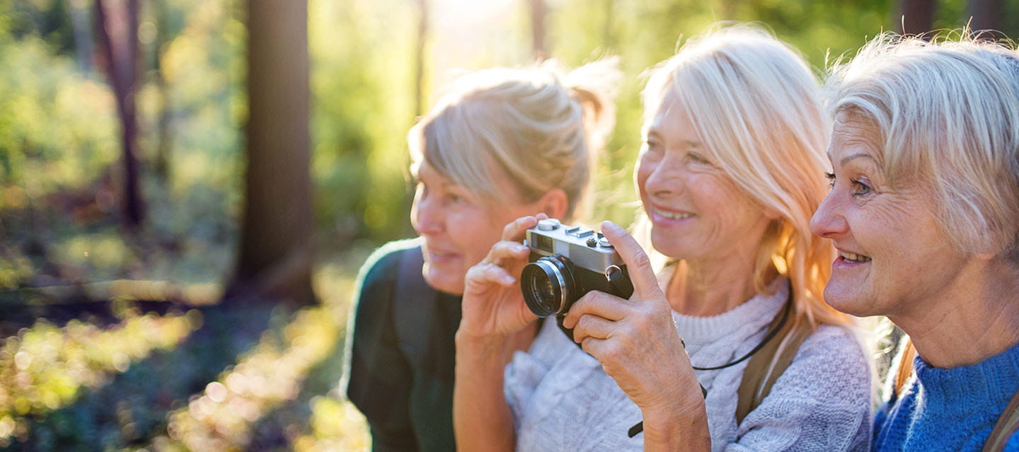 Three women taking photos in a forest on a sunny day