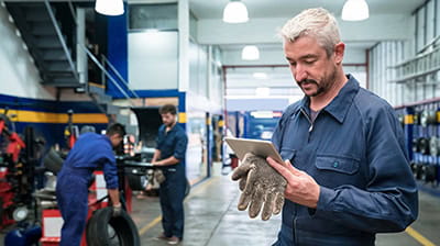 Auto mechanic standing next to the car in a working garage.