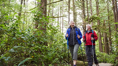 Senior couple hiking along a trail in a forest 