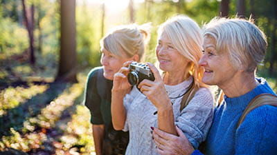 Three women taking photos in a forest on a sunny day