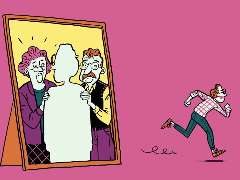 An illustration depicting a son running away from the happy family portrait | Emanuel Wiemans / Folio