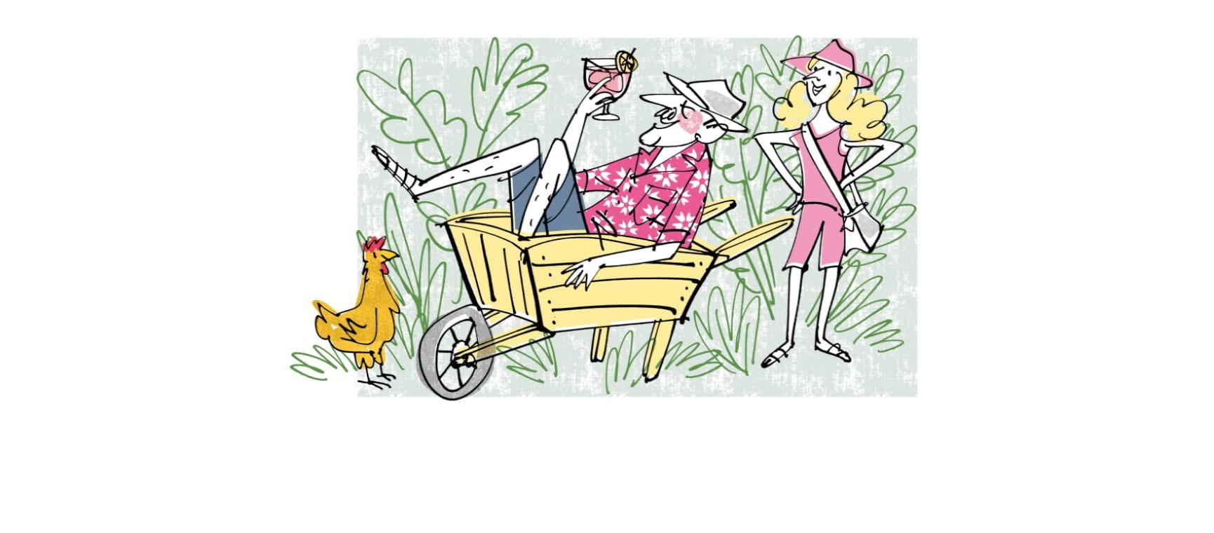 An illustration of Hunter taking a ride in a battered yellow wheelbarrow | MH Jeeves