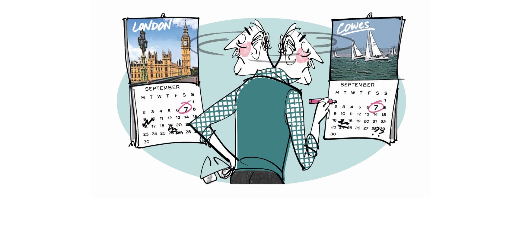 An illustration depicting Hunter Davies trying to choose where to live | MH Jeeves