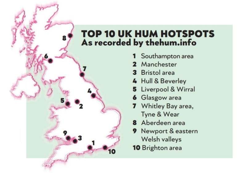 A map with numbered list of The Hum's top ten hotspots