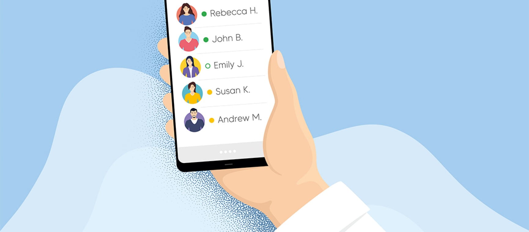An illustration of a phone in a hand with the contacts on the screen | Shutterstock