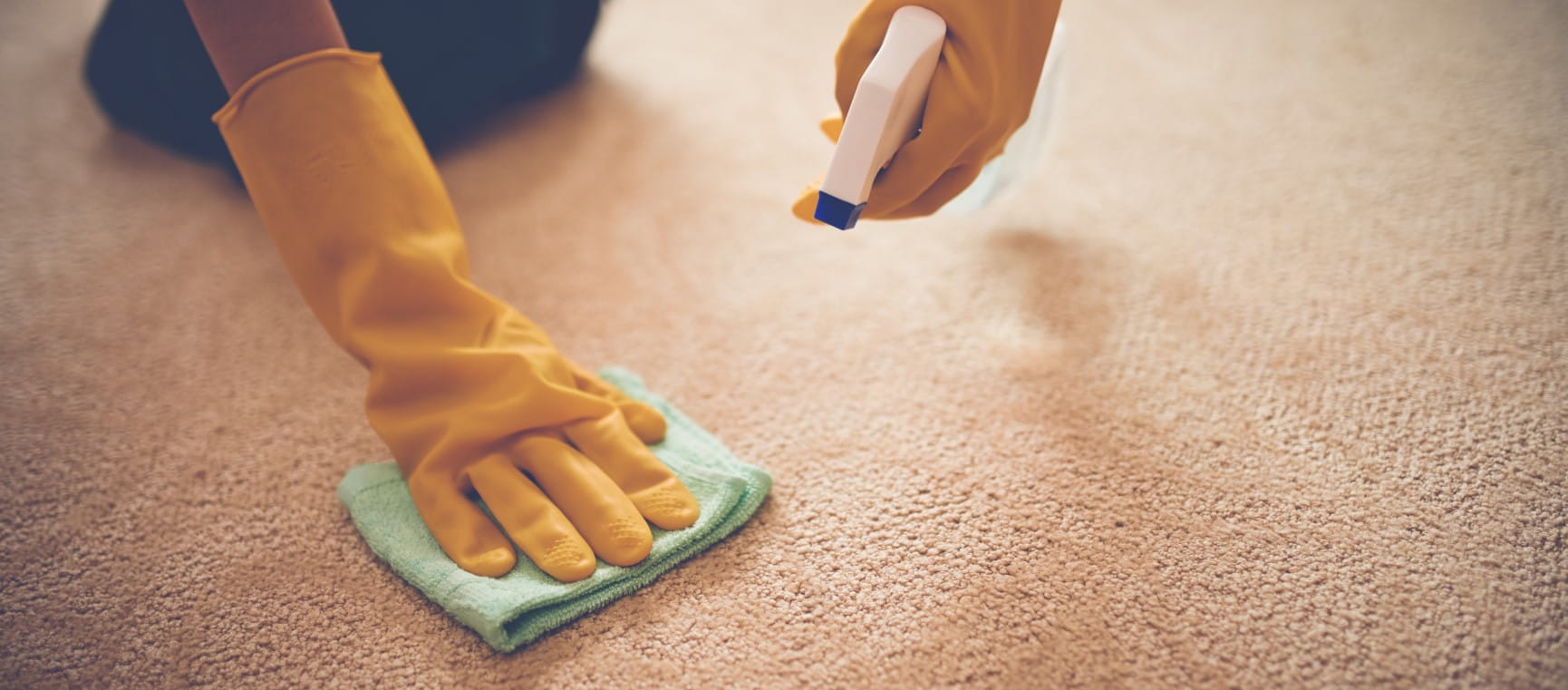 A carpet being cleaned by someone in yellow rubber gloves