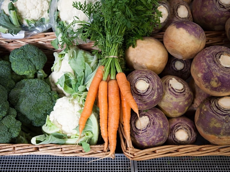 Baskets of freshly picked vegetables including broccoli, cauliflower, carrots and turnips.
