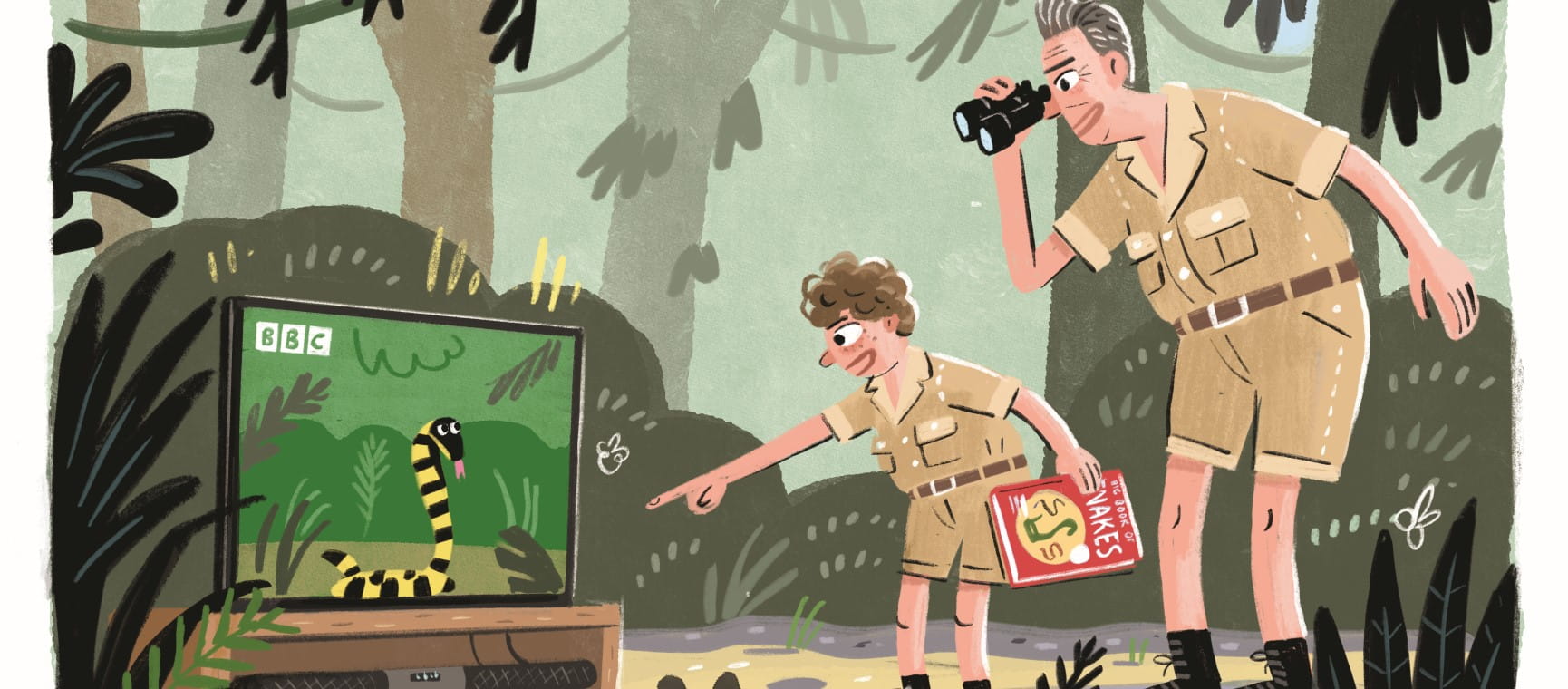 An illustration depicting an adult and child discovering a TV in the jungle | Stephen Collins