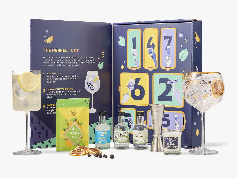 Craft gin advent calendar with mini gin bottles and glasses of gin