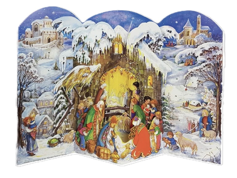 A traditional 3D paper advent calendar depicting the Nativity scene